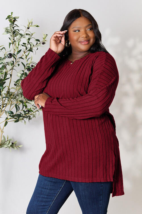 Basic Bae Full Size Ribbed Round Neck Long Sleeve Slit Top Luvéillé