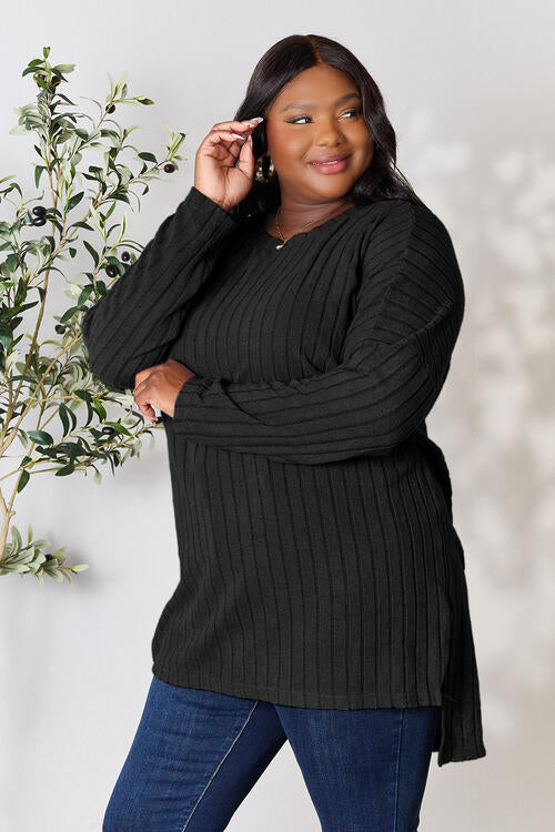 Basic Bae Full Size Ribbed Round Neck Long Sleeve Slit Top Luvéillé