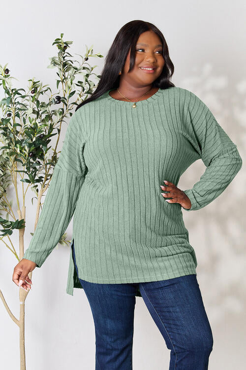 Basic Bae Full Size Ribbed Round Neck Long Sleeve Slit Top Luvéillé