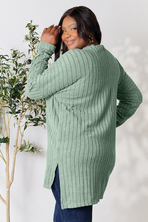 Basic Bae Full Size Ribbed Round Neck Long Sleeve Slit Top Luvéillé