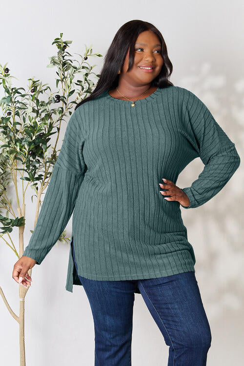 Basic Bae Full Size Ribbed Round Neck Long Sleeve Slit Top Luvéillé