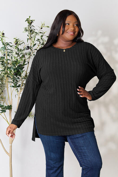 Basic Bae Full Size Ribbed Round Neck Long Sleeve Slit Top Luvéillé