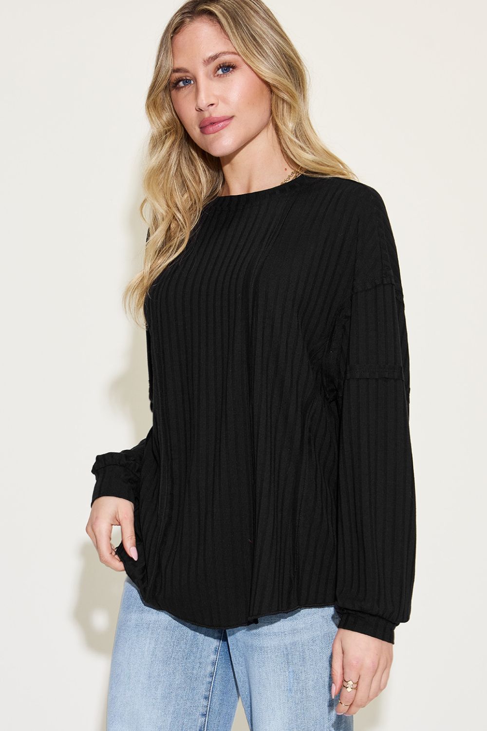 Basic Bae Full Size Ribbed Round Neck Long Sleeve T-Shirt Luvéillé