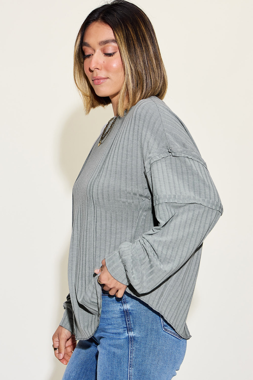 Basic Bae Full Size Ribbed Round Neck Long Sleeve T-Shirt Luvéillé