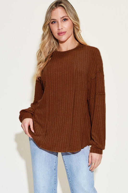 Basic Bae Full Size Ribbed Round Neck Long Sleeve T-Shirt Luvéillé