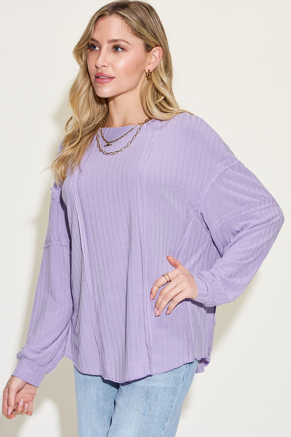 Basic Bae Full Size Ribbed Round Neck Long Sleeve T-Shirt Luvéillé