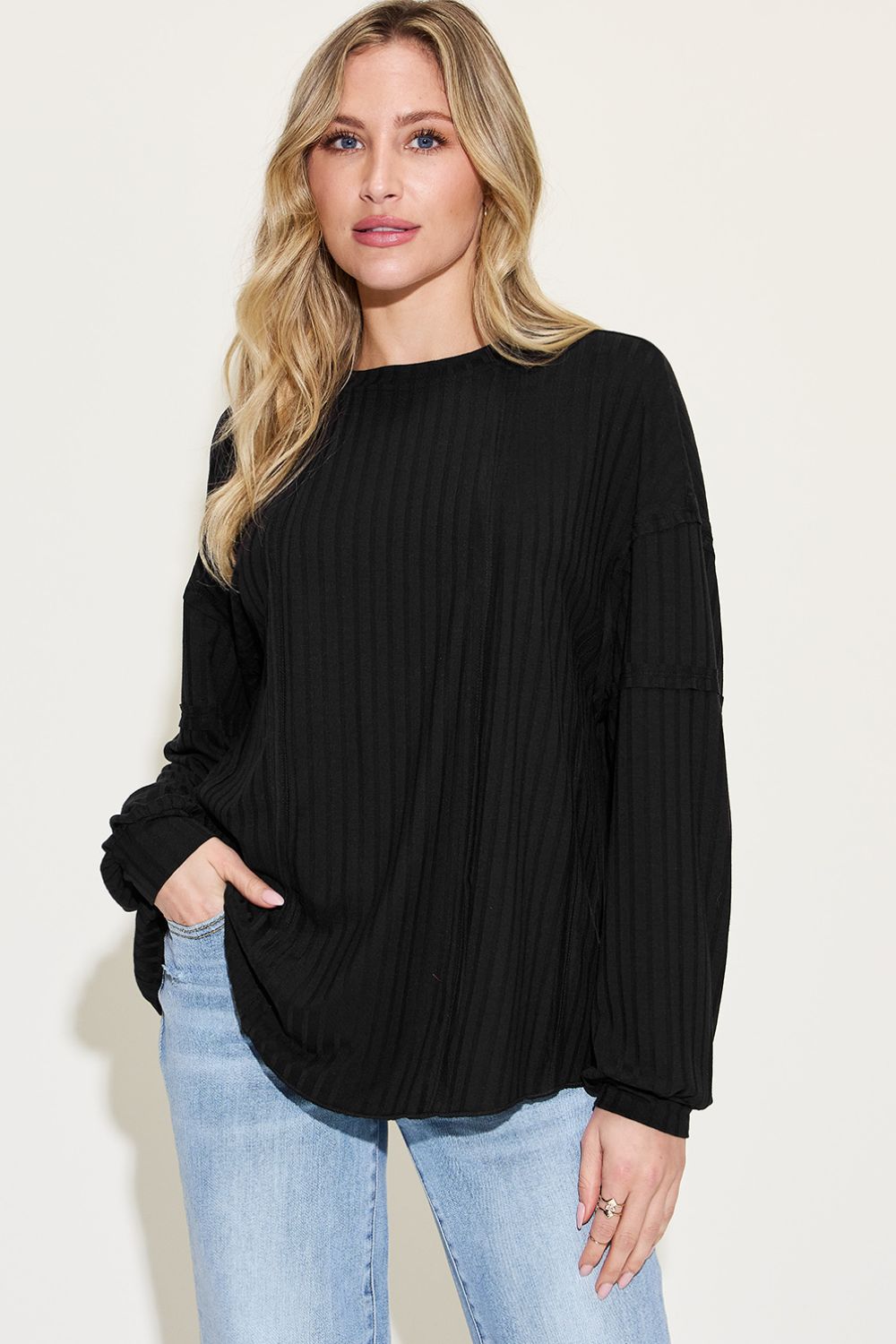 Basic Bae Full Size Ribbed Round Neck Long Sleeve T-Shirt Luvéillé