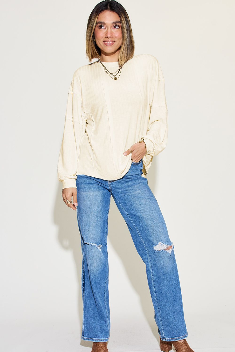 Basic Bae Full Size Ribbed Round Neck Long Sleeve T-Shirt Luvéillé