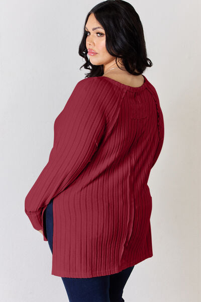 Basic Bae Full Size Ribbed Round Neck Slit T-Shirt Luvéillé