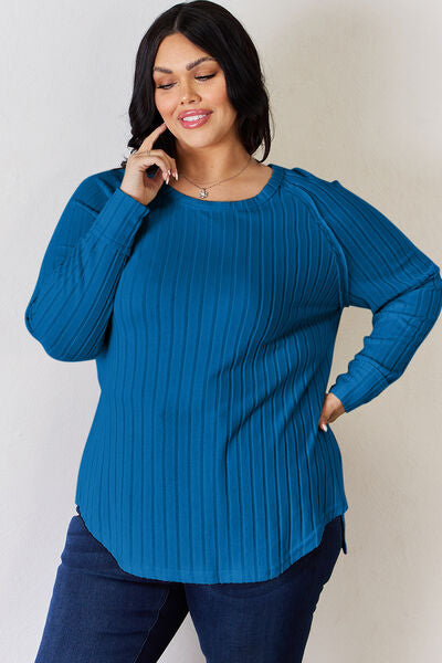 Basic Bae Full Size Ribbed Round Neck Slit T-Shirt Luvéillé