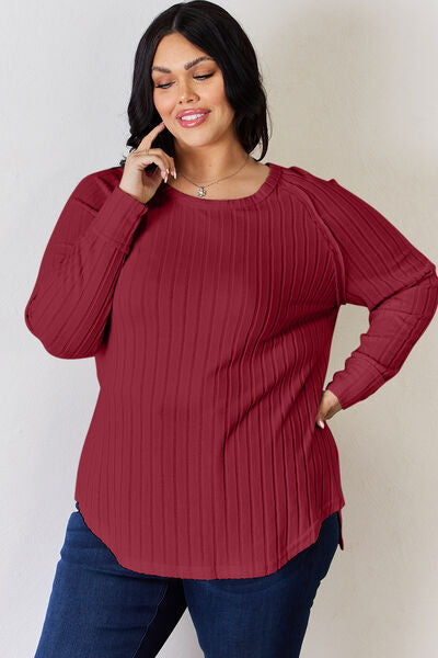 Basic Bae Full Size Ribbed Round Neck Slit T-Shirt Luvéillé