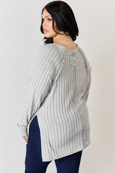 Basic Bae Full Size Ribbed Round Neck Slit T-Shirt Luvéillé