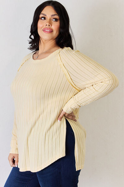 Basic Bae Full Size Ribbed Round Neck Slit T-Shirt Luvéillé