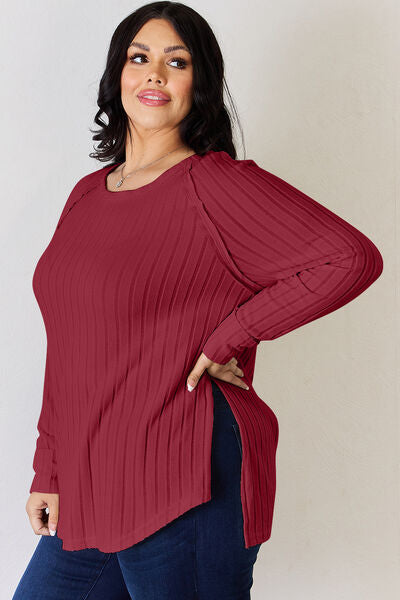 Basic Bae Full Size Ribbed Round Neck Slit T-Shirt Luvéillé
