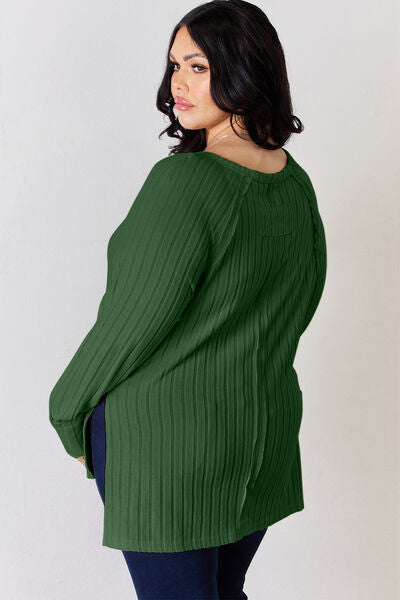 Basic Bae Full Size Ribbed Round Neck Slit T-Shirt Luvéillé