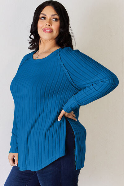 Basic Bae Full Size Ribbed Round Neck Slit T-Shirt Luvéillé