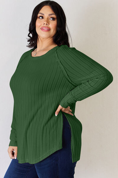 Basic Bae Full Size Ribbed Round Neck Slit T-Shirt Luvéillé