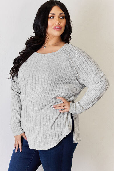 Basic Bae Full Size Ribbed Round Neck Slit T-Shirt Luvéillé