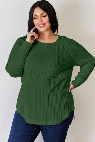 Basic Bae Full Size Ribbed Round Neck Slit T-Shirt Luvéillé