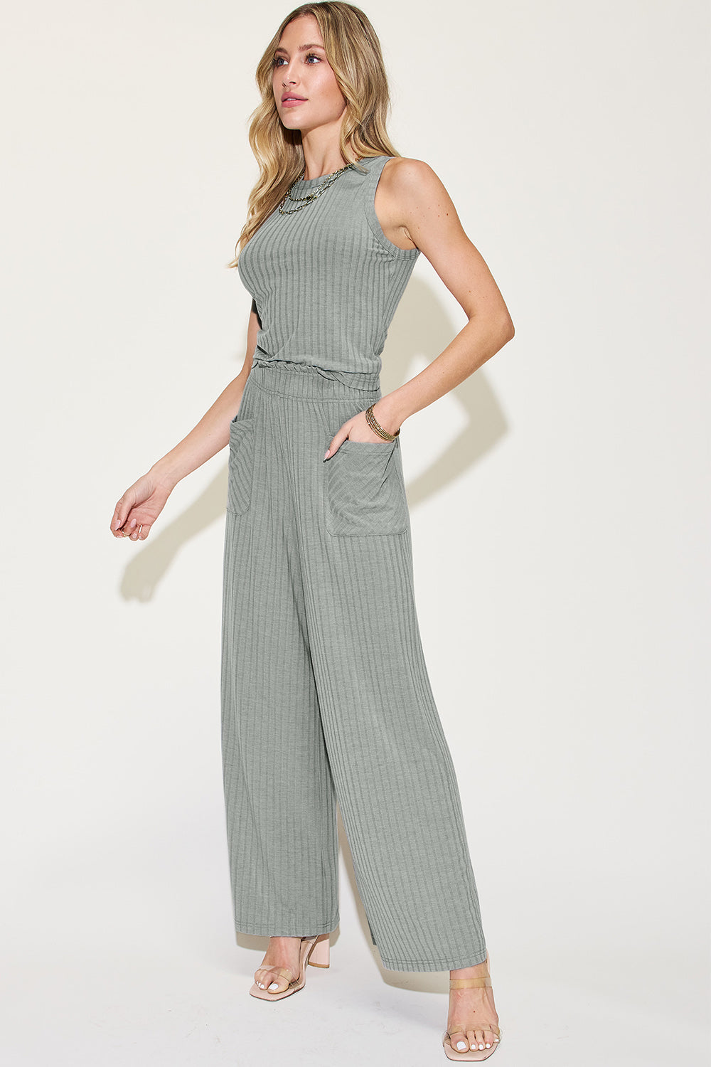 Basic Bae Full Size Ribbed Tank and Wide Leg Pants Set Luvéillé
