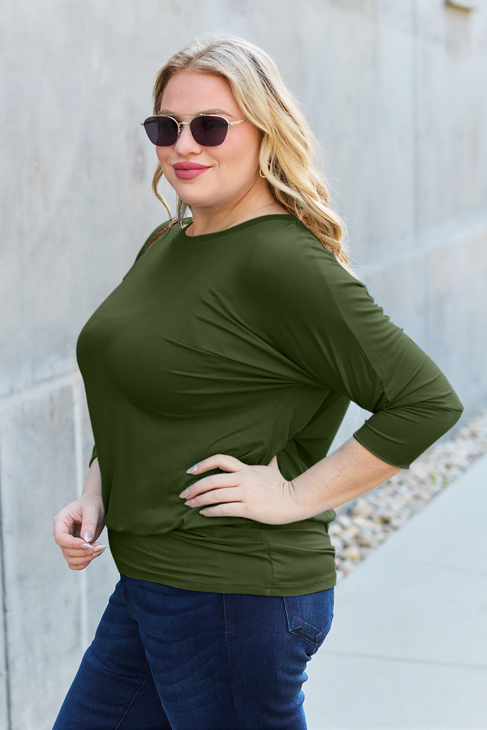 Basic Bae Full Size Round Neck Batwing Sleeve Blouse Luvéillé