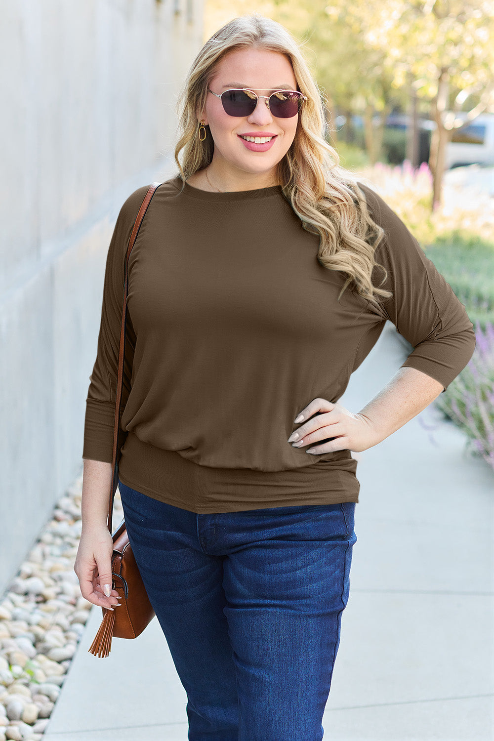 Basic Bae Full Size Round Neck Batwing Sleeve Blouse Luvéillé