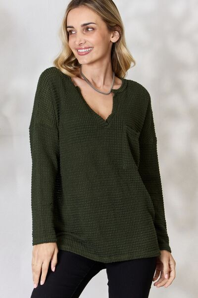BiBi Notched Popcorn Waffle Long Sleeve Top Luvéillé