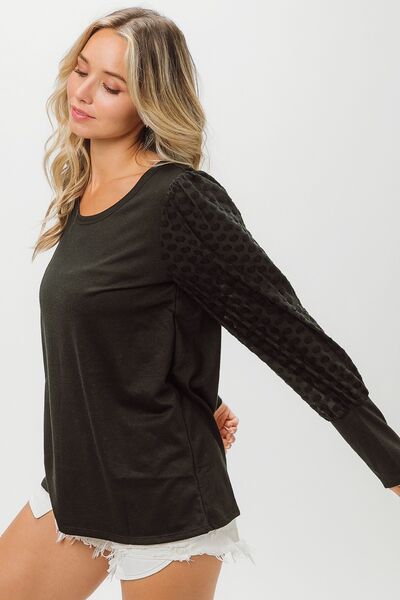 BiBi Round Neck Polka Dot Lantern Sleeve Top Luvéillé