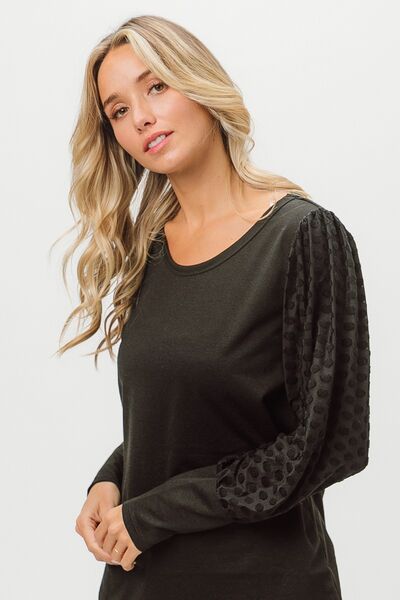 BiBi Round Neck Polka Dot Lantern Sleeve Top Luvéillé