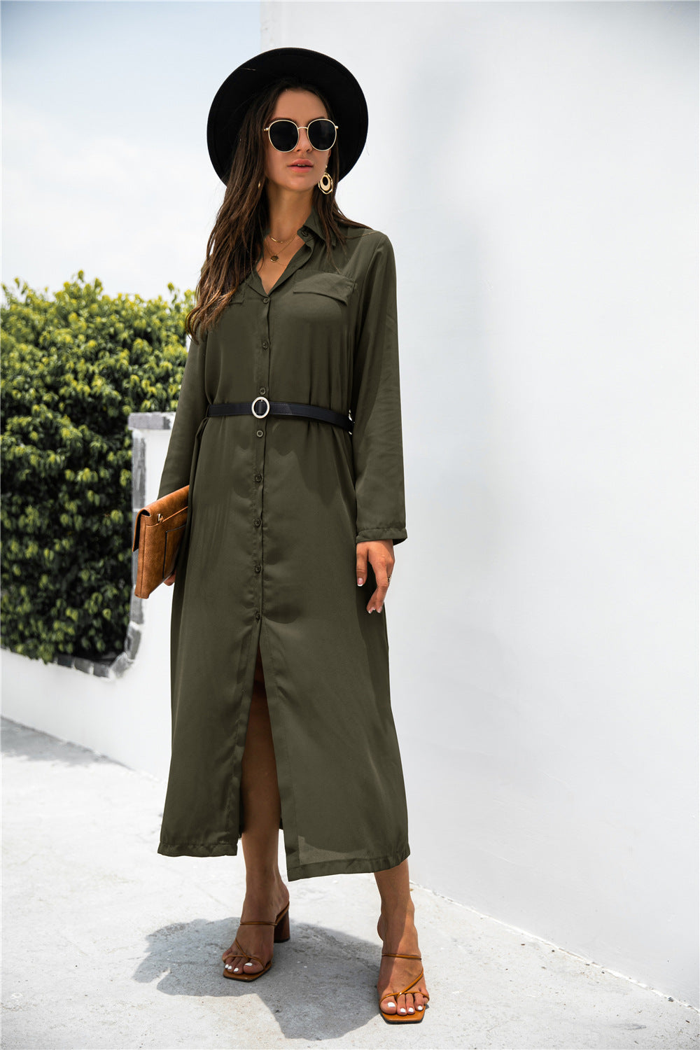 Button Down Side Slit Shirt Dress Luvéillé