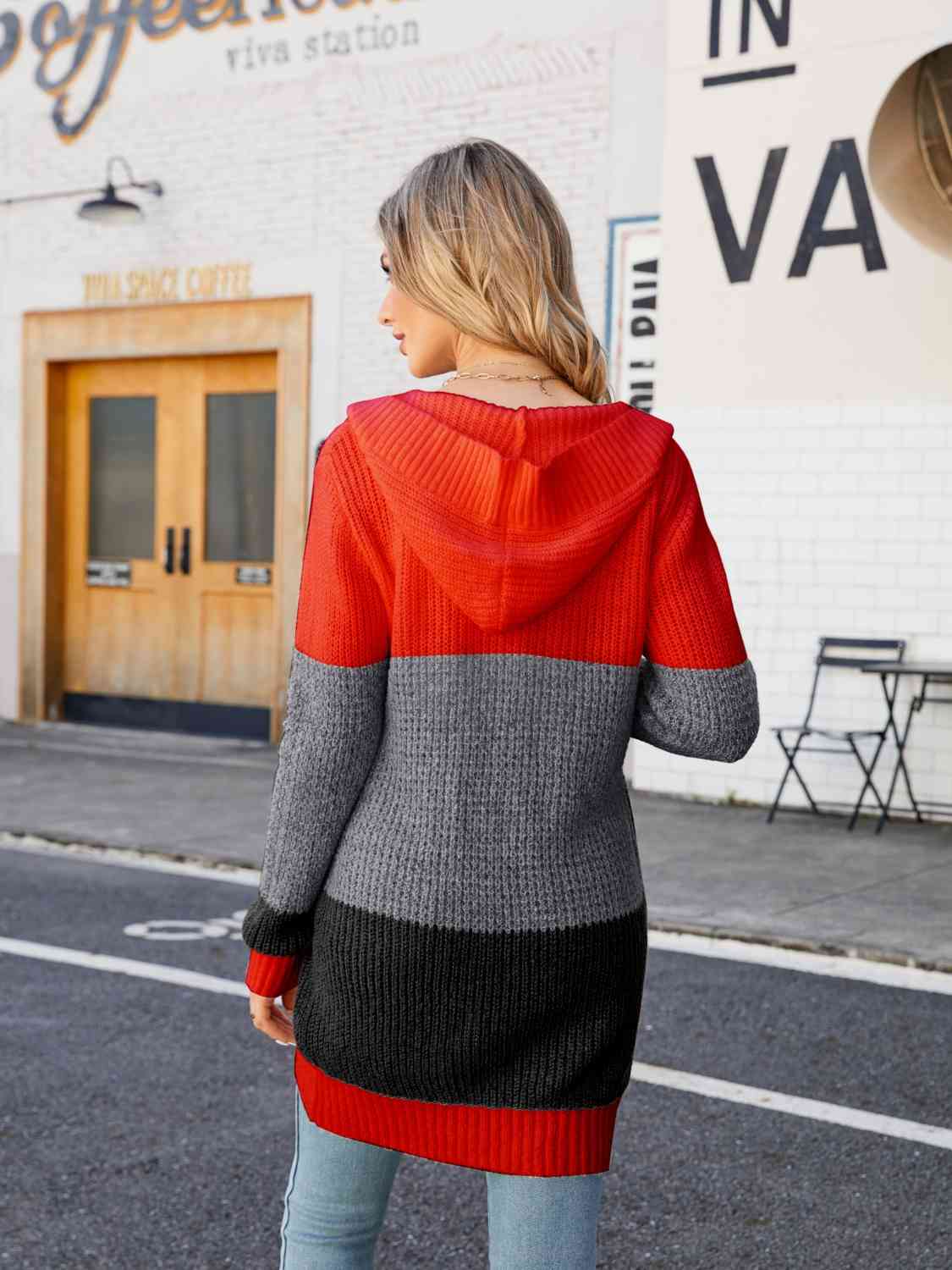 Color Block Open Front Hooded Cardigan Luvéillé