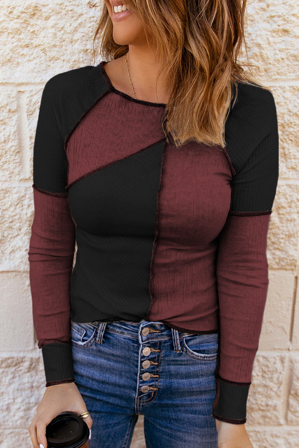 Color Block Round Neck Long Sleeve T-Shirt Luvéillé