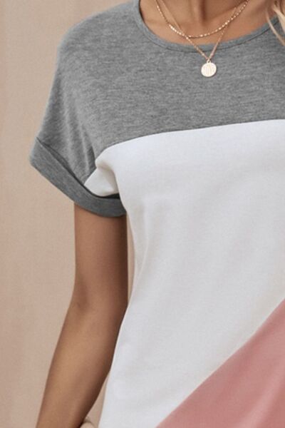 Color Block Round Neck Short Sleeve Dress Luvéillé