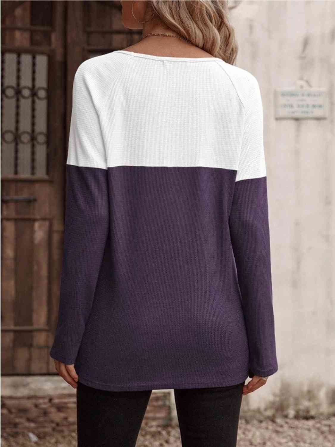 Contrast Round Neck Long Sleeve T-Shirt Luvéillé