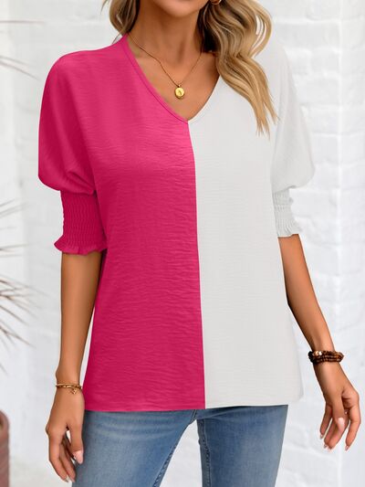 Contrast V-Neck Lantern Sleeve Blouse Luvéillé