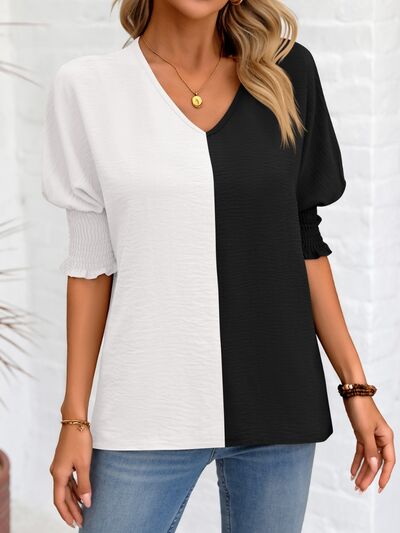 Contrast V-Neck Lantern Sleeve Blouse Luvéillé