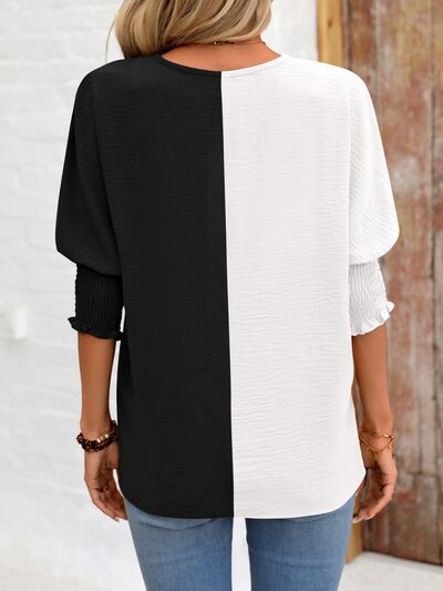 Contrast V-Neck Lantern Sleeve Blouse Luvéillé