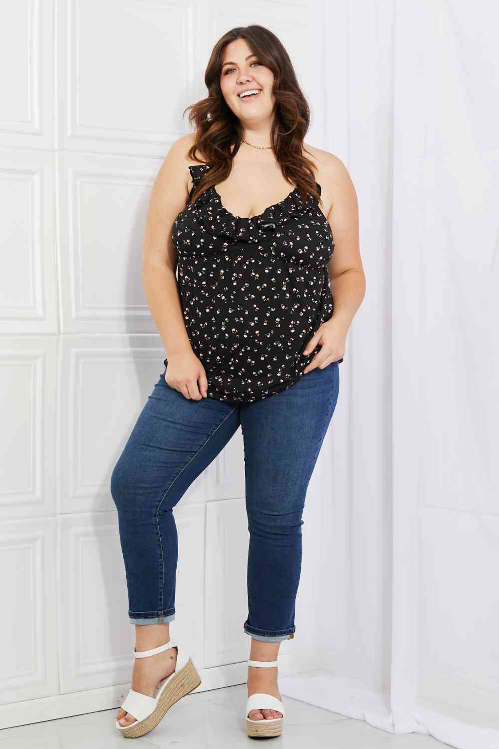 Culture Code Full Size Taste of Spring Ruffle Sleeveless Top in Black Luvéillé