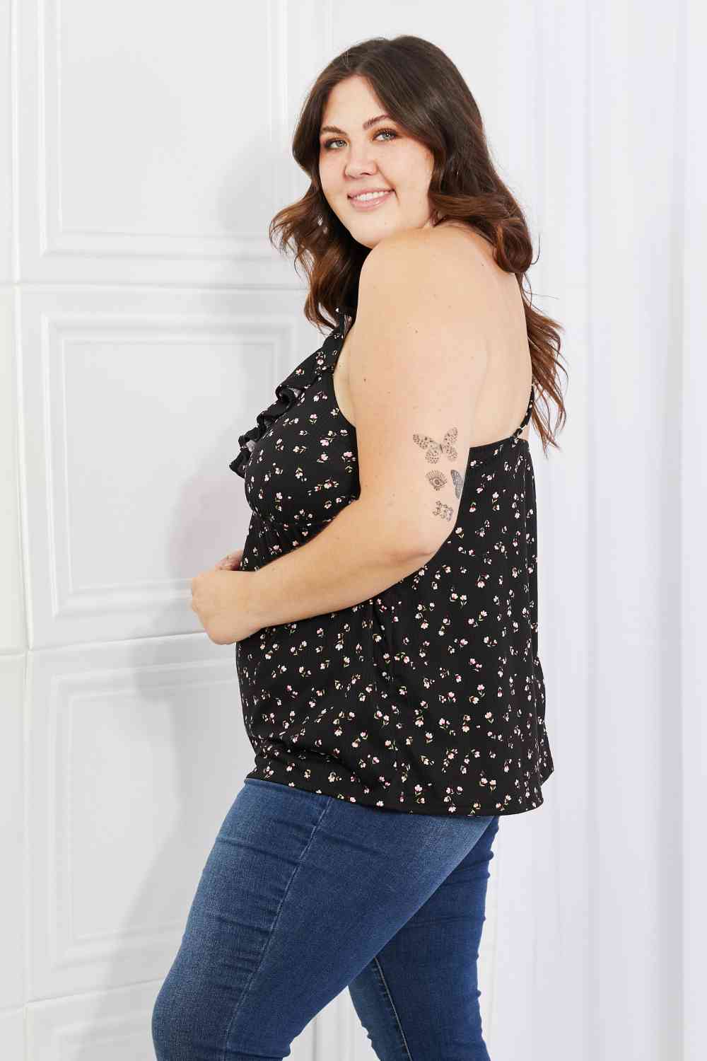 Culture Code Full Size Taste of Spring Ruffle Sleeveless Top in Black Luvéillé