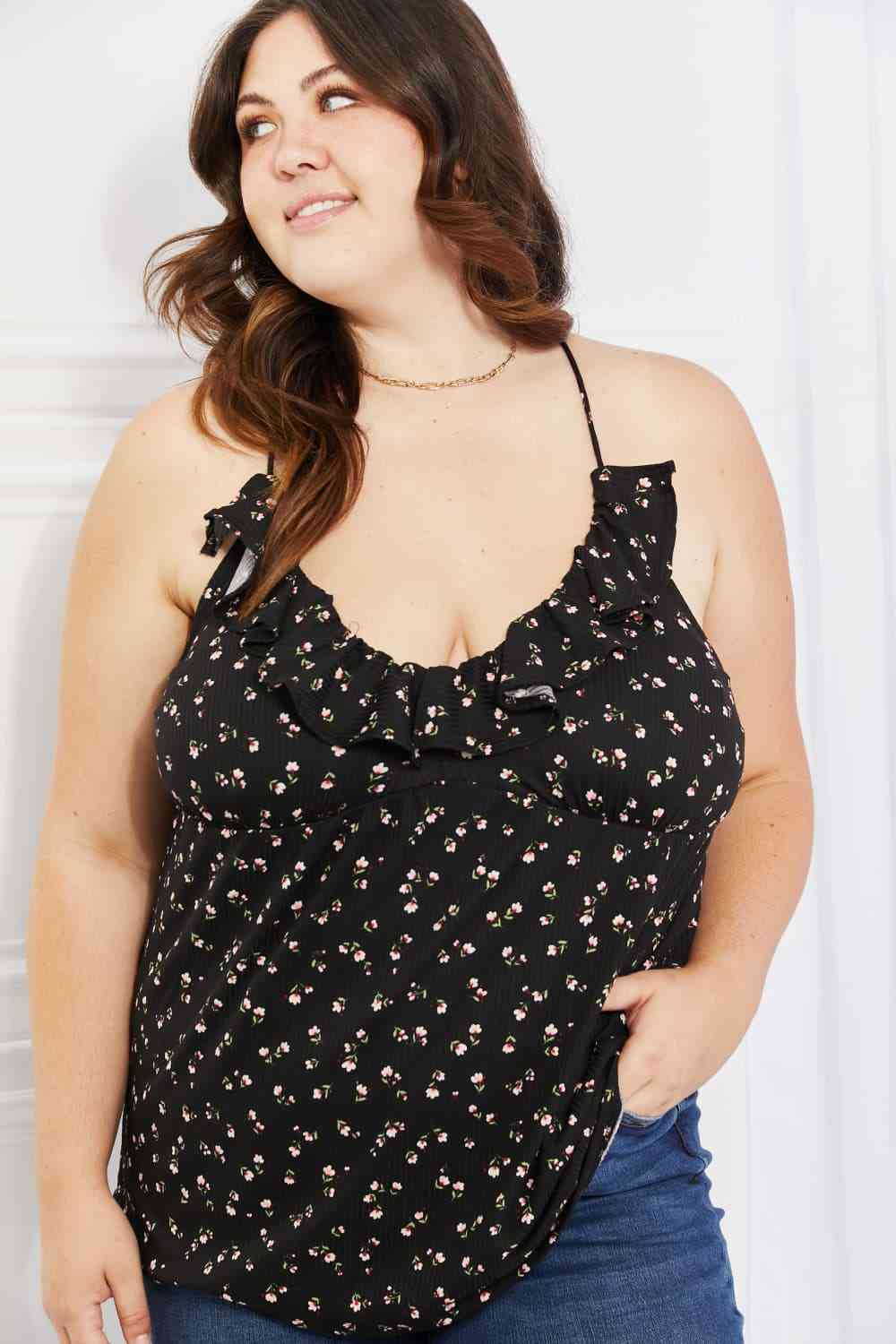 Culture Code Full Size Taste of Spring Ruffle Sleeveless Top in Black Luvéillé