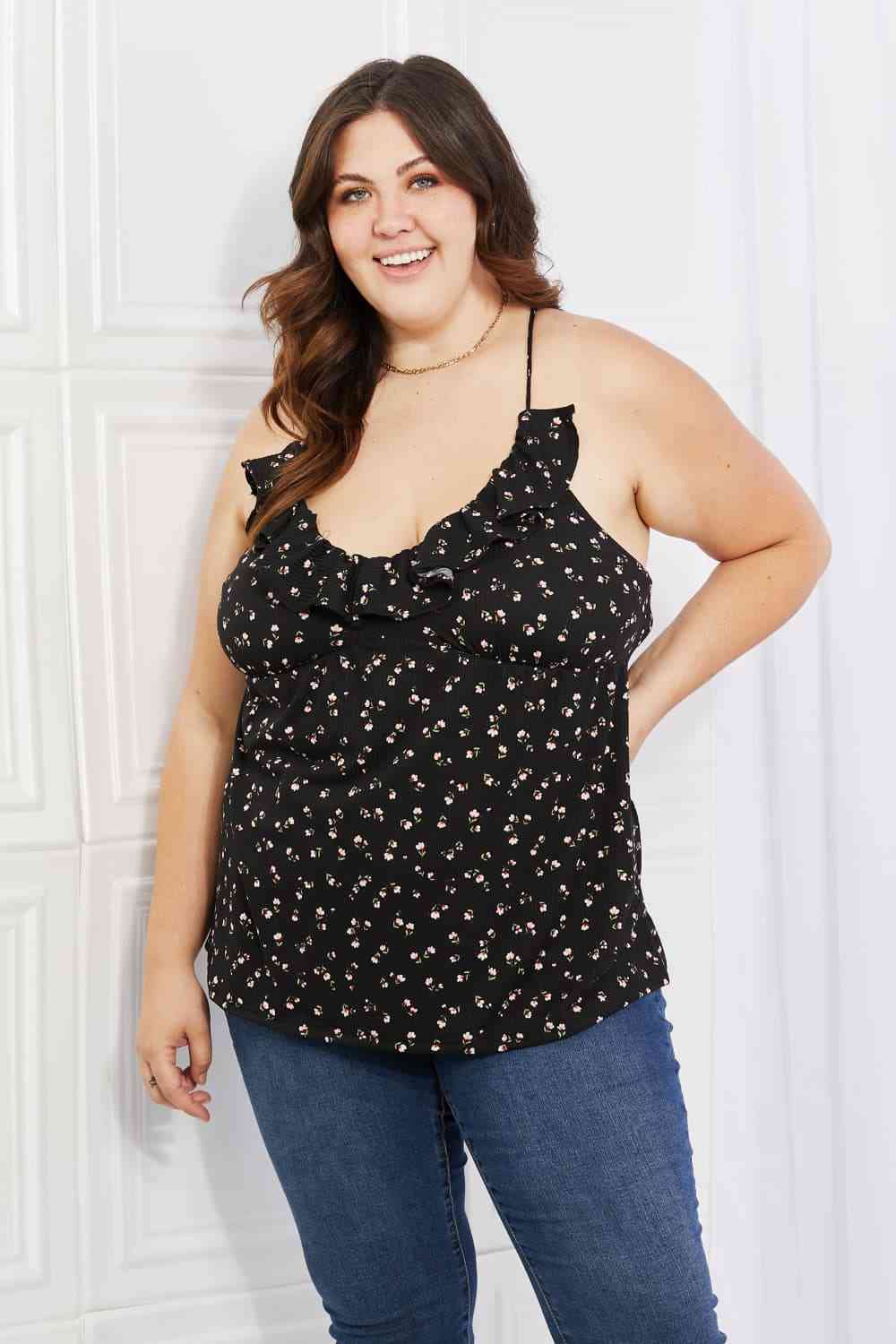 Culture Code Full Size Taste of Spring Ruffle Sleeveless Top in Black Luvéillé