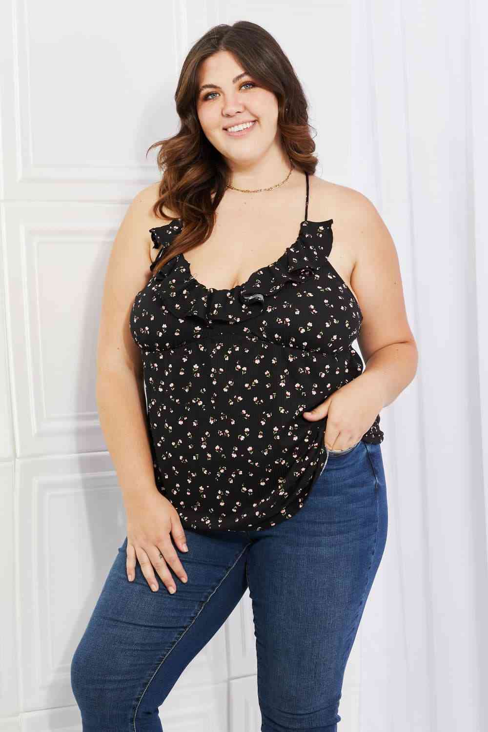 Culture Code Full Size Taste of Spring Ruffle Sleeveless Top in Black Luvéillé