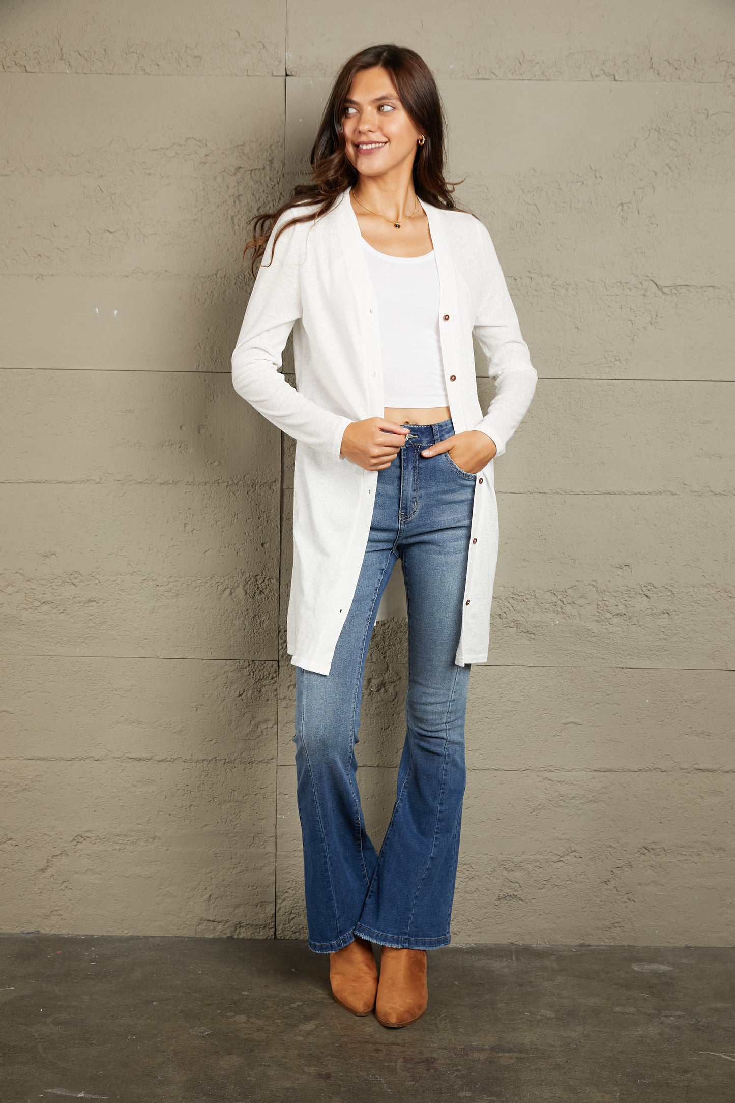 Double Take Button Down Long Sleeve Longline Cardigan Luvéillé