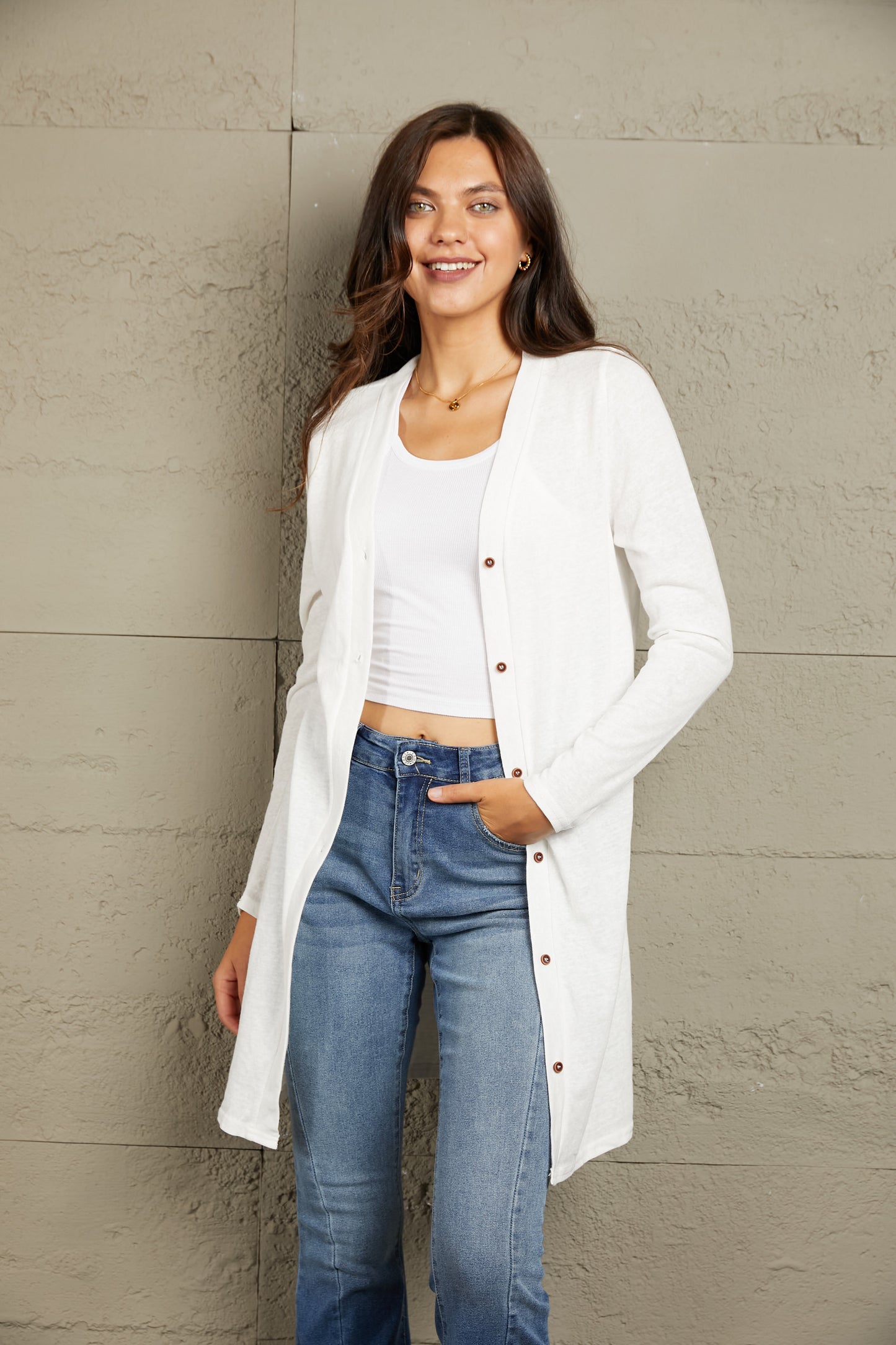 Double Take Button Down Long Sleeve Longline Cardigan Luvéillé