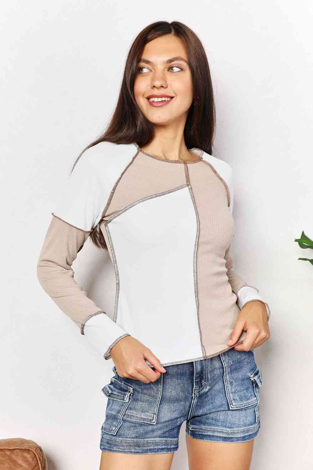 Double Take Color Block Exposed Seam Top Luvéillé
