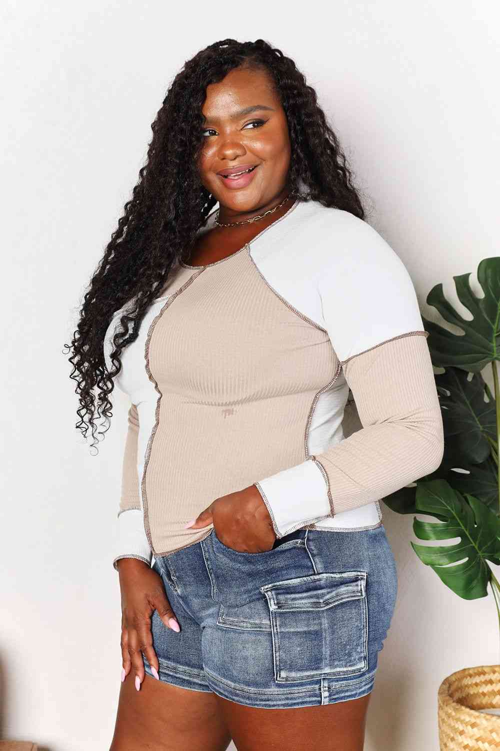 Double Take Color Block Exposed Seam Top Luvéillé
