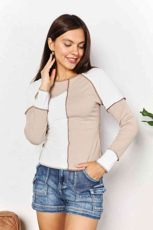 Double Take Color Block Exposed Seam Top Luvéillé