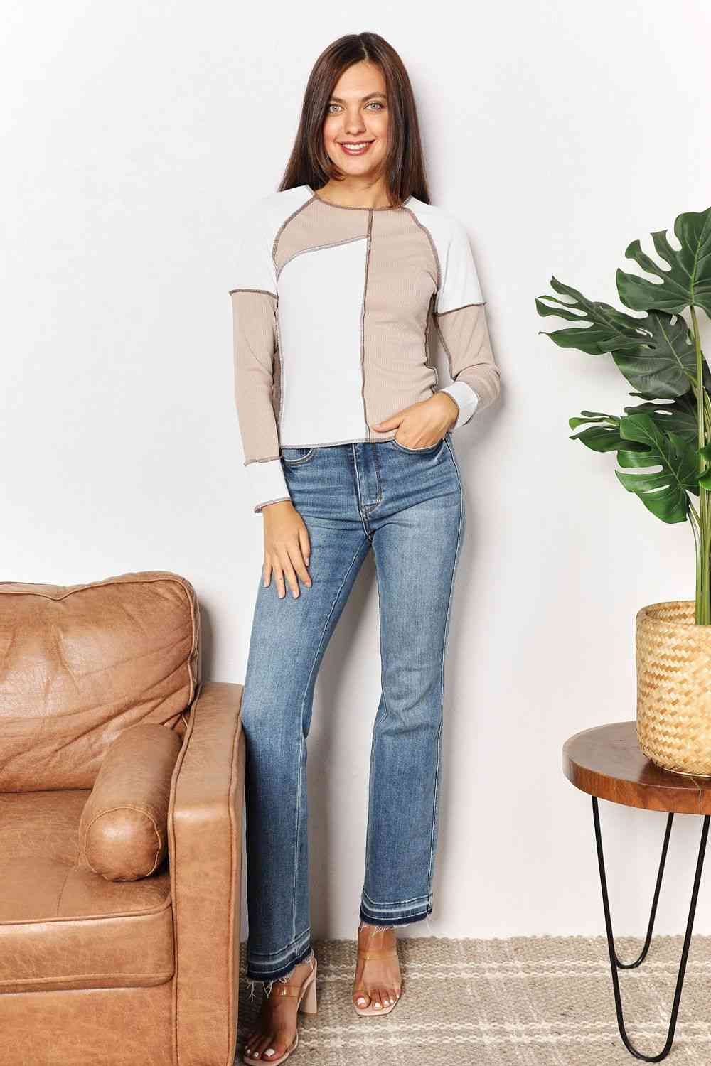 Double Take Color Block Exposed Seam Top Luvéillé