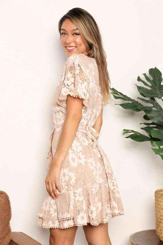 Double Take Floral Lace Pompom Detail Tie-Waist Flutter Sleeve Dress Luvéillé