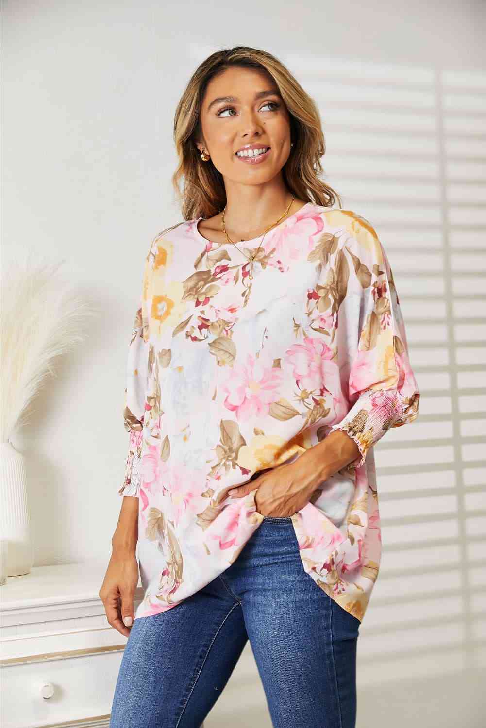 Double Take Floral Round Neck Three-Quarter Sleeve Top Luvéillé